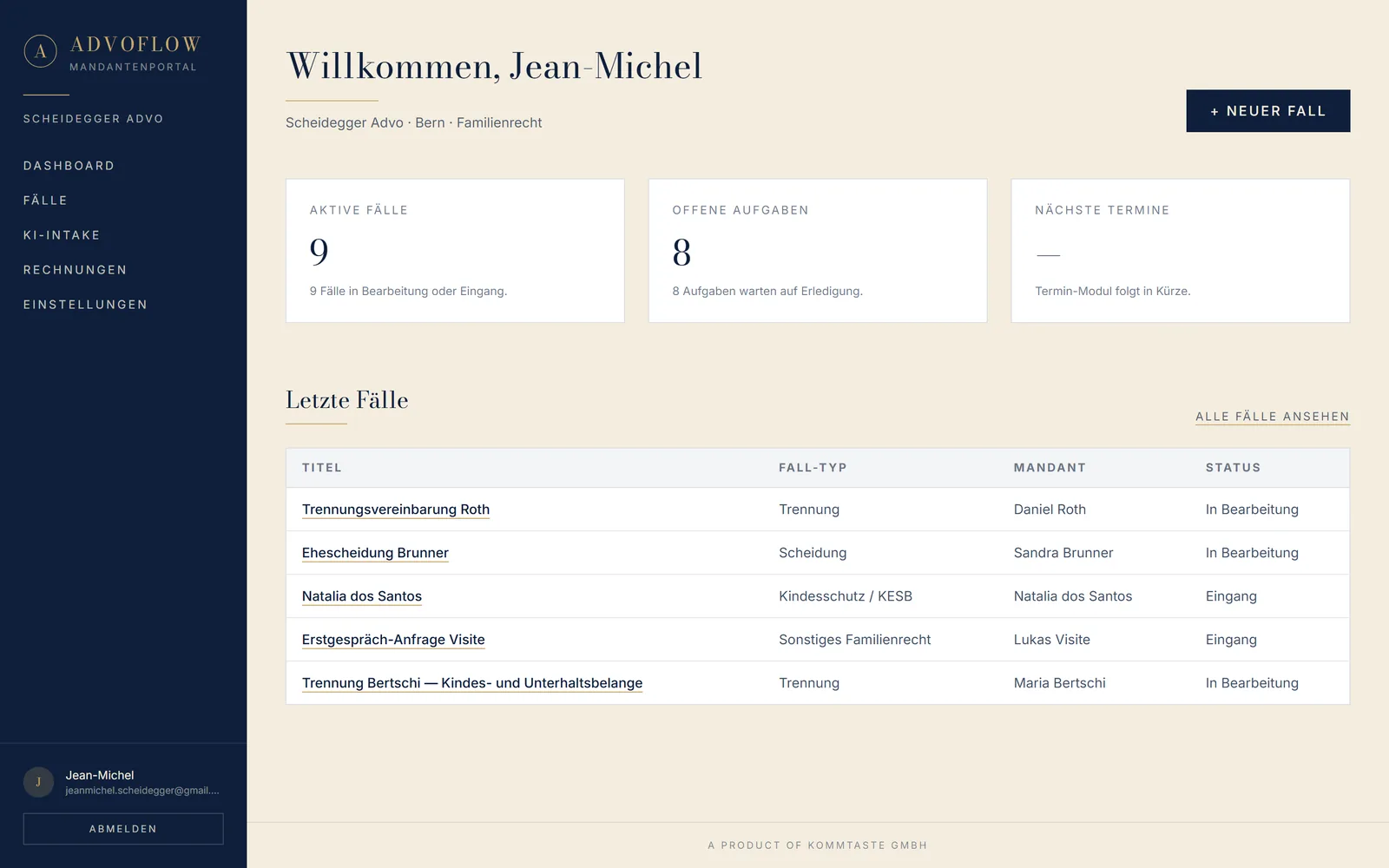 Dashboard — alle Mandate, Aufgaben und Termine auf einen Blick