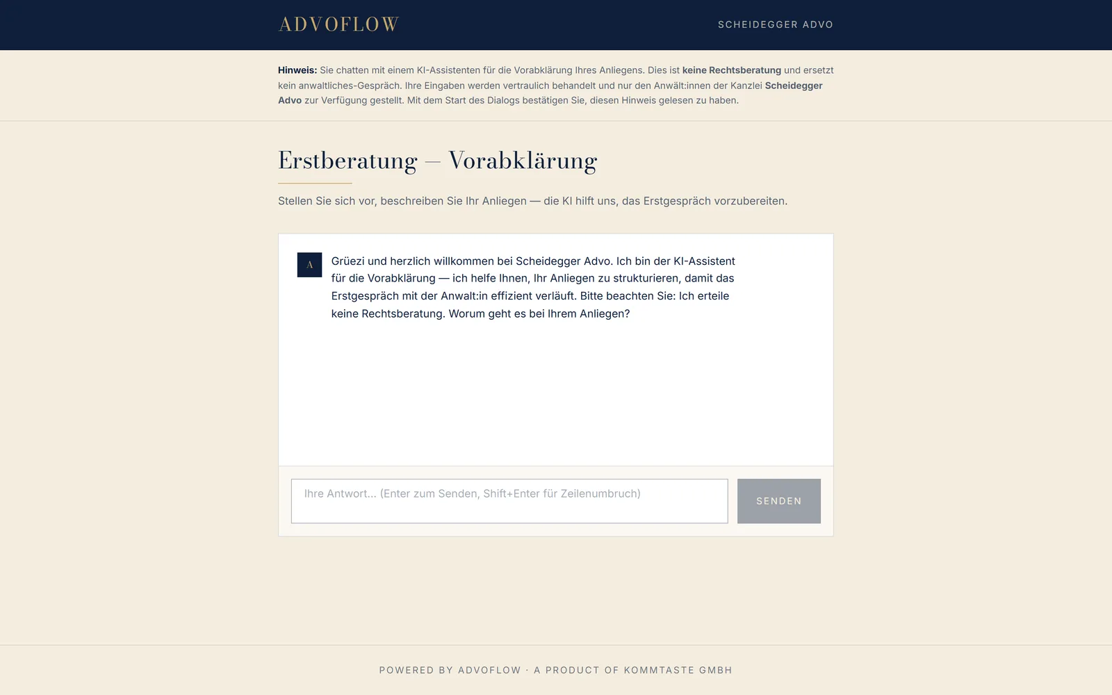 KI-Intake — Mandant:innen schildern ihr Anliegen vor dem Erstgespräch (DE/FR/IT)